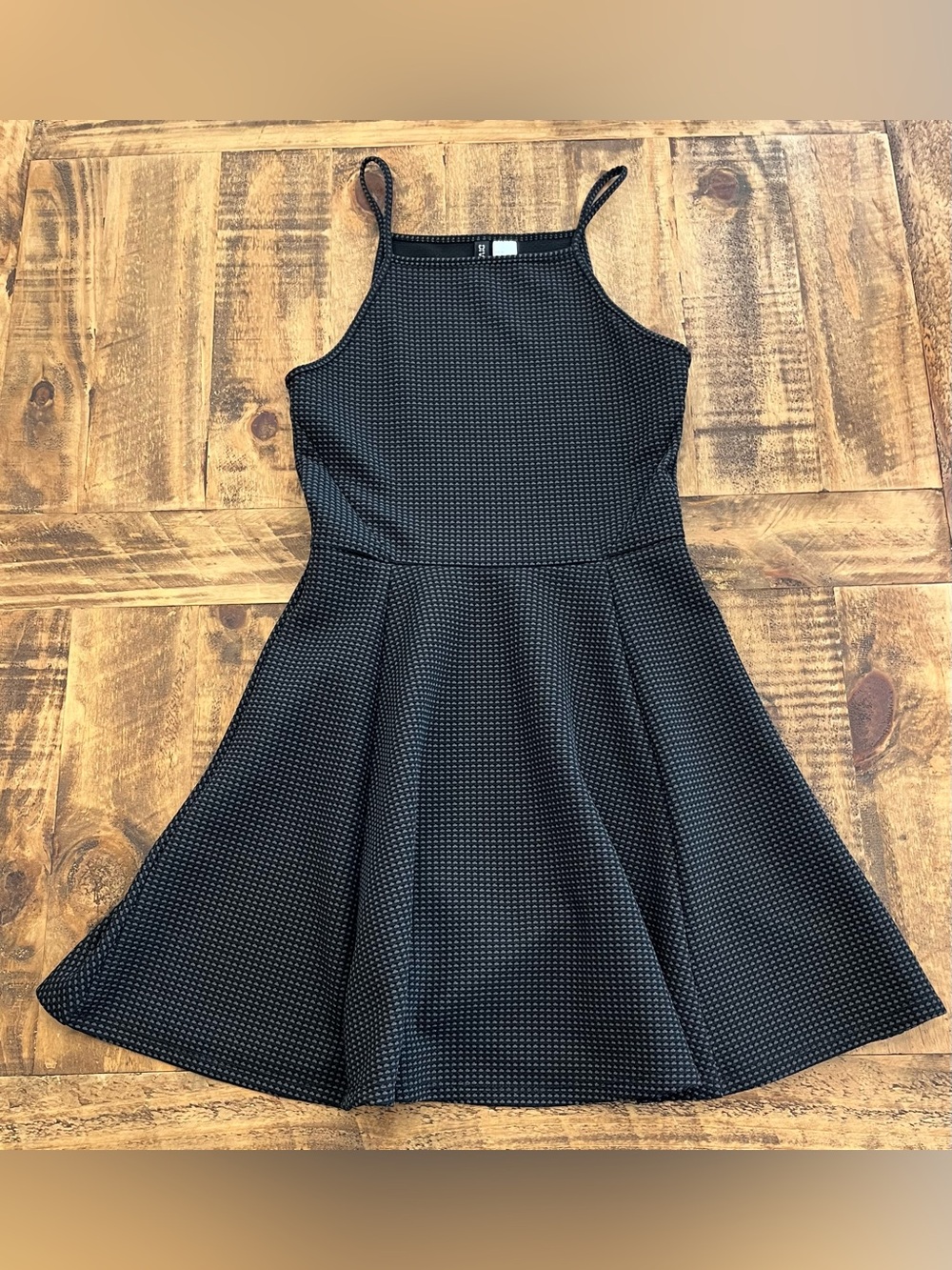 H&M Black Textured Spaghetti-Strap Fit & Flare Dress